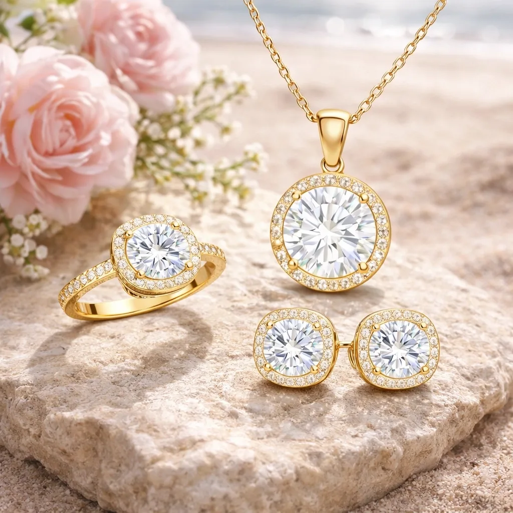 Gümüş Gold Yuvarlak Montür Tek Taş Kadın Set görsel 2